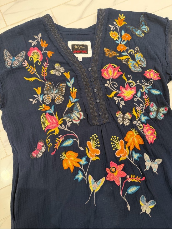 Johnny Was Tops - Johnny Was Biya Navy Embroidered Butterfly Floral Tunic Dress Medium